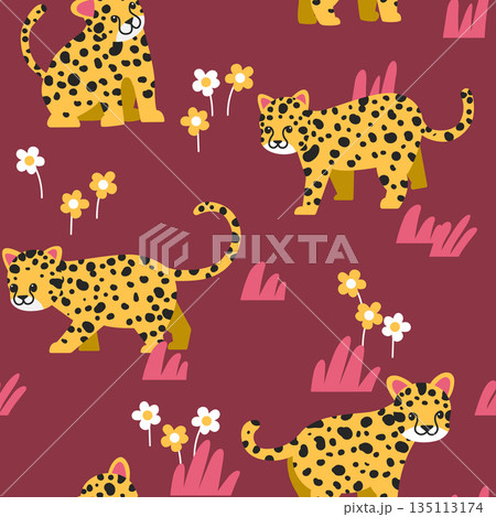 Animal seamless pattern, cute leopard with flowers and leaves on dark red Animal seamless pattern, cute leopard with flowers and leaves on dark red 135113174