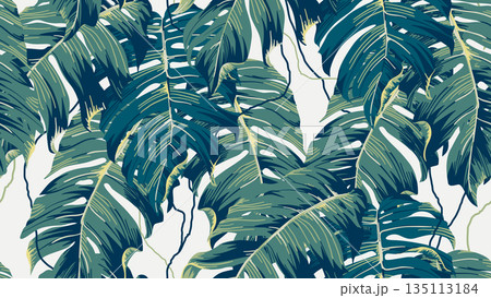 Botanical seamless pattern, hand drawn Split-leaf Philodendron on bright brown 135113184