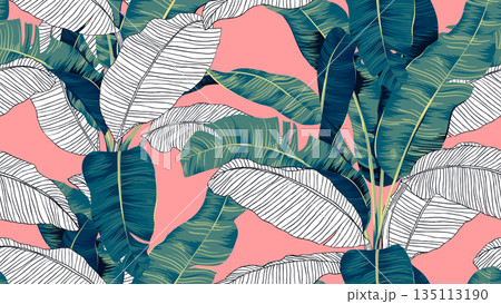 Botanical seamless pattern, hand drawn banana tree on bright red 135113190