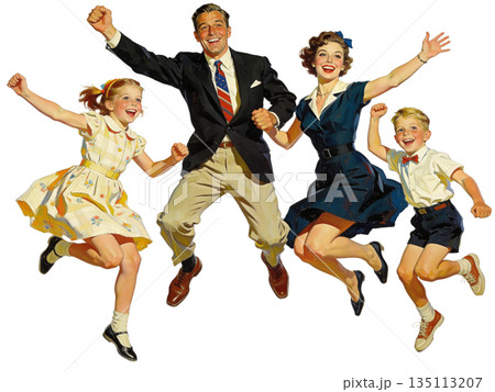 レトロな手描き風人物イラスト　ジャンプするファミリー　切り抜き素材 135113207