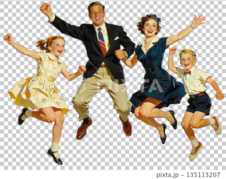 レトロな手描き風人物イラスト　ジャンプするファミリー　切り抜き素材 135113207