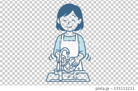 キッチンで笑顔で洗い物をするエプロン姿の女性のイラスト 135113211
