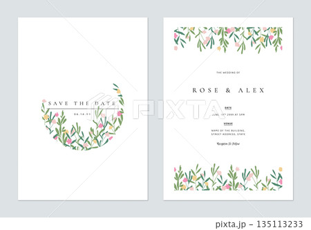 Floral wedding invitation card template design, hand drawn green leaves and flowers on white 135113233