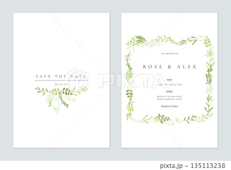 Floral wedding invitation card template design, hand drawn green leaves and yellow flowers on white 135113238