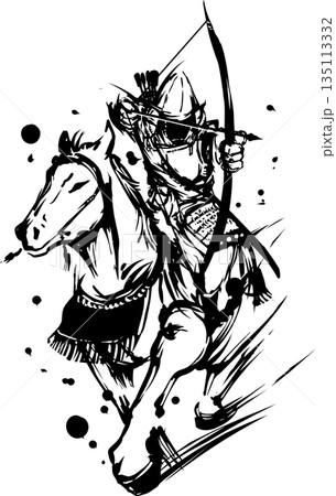 馬に乗った弓兵の墨絵イラスト 135113332