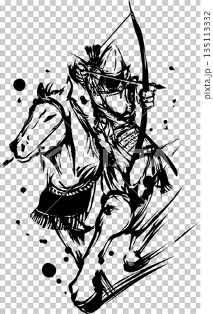 馬に乗った弓兵の墨絵イラスト 135113332