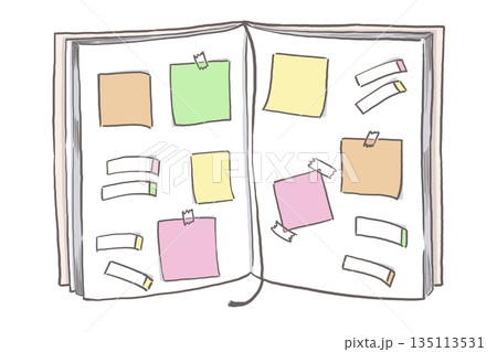 付箋で考えを整理する手描きノートのイラスト(思考・アイデア) 付箋で考えを整理する手描きノートのイラスト(思考・アイデア) 135113531