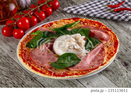 Pizza with mortadella and burrata Pizza with mortadella and burrata 135113651