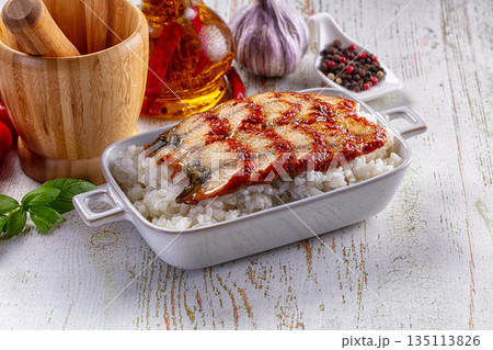 Japanese style cuisine - grilled eel with rice Japanese style cuisine - grilled eel with rice 135113826