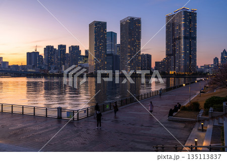 《東京都》豊洲ぐるり公園の夜景・晴海のタワーマンションをのぞむ 135113837