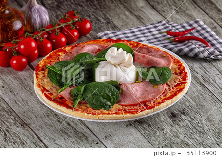 Pizza with mortadella and burrata Pizza with mortadella and burrata 135113900