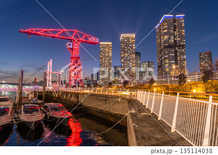 《東京都》豊洲ベイエリアの夜景・晴海のタワーマンションをのぞむ 135114038
