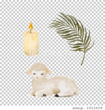 Lamb resting in a calm pose, burning candle, palm branch watercolor set ideal for easter, nursery decor, children books, farm-themed designs, educational materials, and peaceful pastoral illustrations Lamb resting in a calm pose, burning candle, palm branch watercolor set ideal for easter, nursery decor, children books, farm-themed designs, educational materials, and peaceful pastoral illustrations 135114179