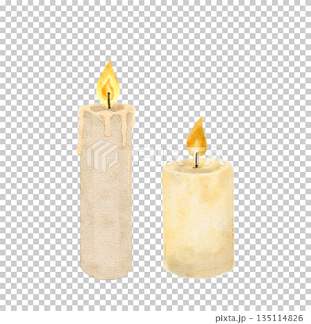 Burning white candles. Hand-painted watercolor clip art set isolated on white. Easter, cozy illustration in warm neutral tones, perfect for holiday cards, cozy decor, invitations, seasonal design Burning white candles. Hand-painted watercolor clip art set isolated on white. Easter, cozy illustration in warm neutral tones, perfect for holiday cards, cozy decor, invitations, seasonal design 135114826