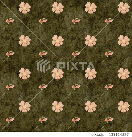Seamless watercolor floral pattern, small peach blossoms scattered on olive. Minimal botanical surface design for fashion textiles, fabric printing, packaging, stationery, modern lifestyle branding Seamless watercolor floral pattern, small peach blossoms scattered on olive. Minimal botanical surface design for fashion textiles, fabric printing, packaging, stationery, modern lifestyle branding 135114827