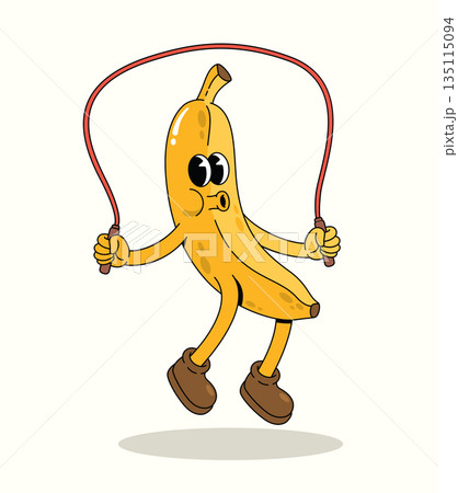banana jump rope groovy cartoon illustration 135115094