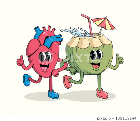 coconut and heart groovy cartoon illustration coconut and heart groovy cartoon illustration 135115144