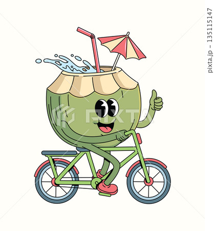 coconut bicycle groovy cartoon illustration 135115147