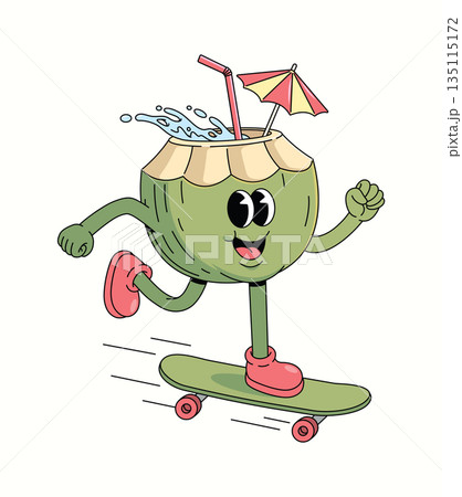 coconut skateboard walk groovy cartoon illustration 135115172