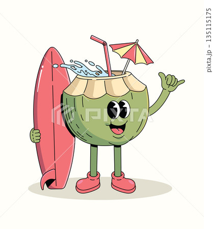 coconut surf stand groovy cartoon illustration 135115175