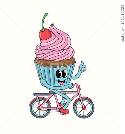 cupcake bicycle groovy cartoon illustration 135115323