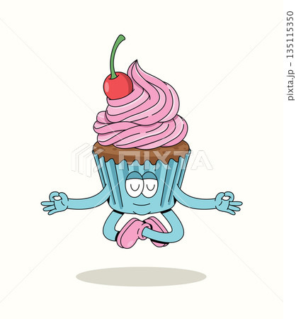 cupcake meditation groovy cartoon illustration 135115350