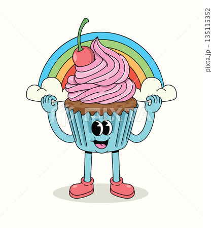 cupcake rainbow groovy cartoon illustration 135115352