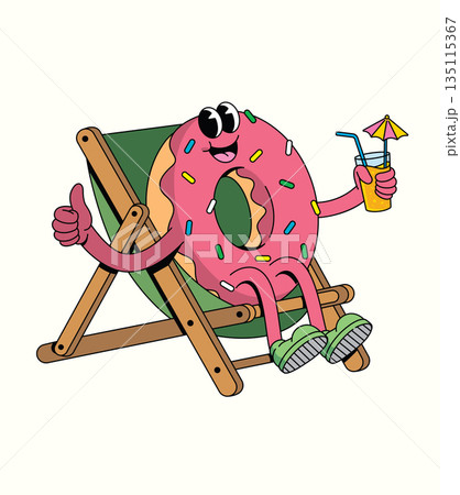 donut relaxing on chair groovy cartoon illustration 135115367