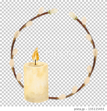 Willow wreath with soft catkins and candle, hand painted in neutral tones, minimal watercolor style, isolated on white background, for Easter, Palm Sunday, church invitations, cards, religious designs Willow wreath with soft catkins and candle, hand painted in neutral tones, minimal watercolor style, isolated on white background, for Easter, Palm Sunday, church invitations, cards, religious designs 135115455