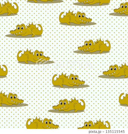 Animal seamless pattern with cartoon crocodiles on color background. Cute holiday illustration with crocodile for baby. Design for invitation, poster, card, fabric, textile, wrapper 135115545
