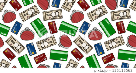 通帳とお金とクレジットカードと財布のシームレス背景画像。 通帳とお金とクレジットカードと財布のシームレス背景画像。 135115562
