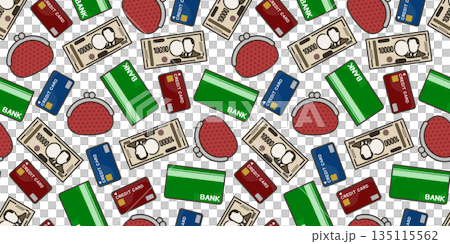 通帳とお金とクレジットカードと財布のシームレス背景画像。 通帳とお金とクレジットカードと財布のシームレス背景画像。 135115562