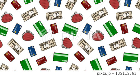 通帳とお金とクレジットカードと財布のシームレス背景画像。 通帳とお金とクレジットカードと財布のシームレス背景画像。 135115563