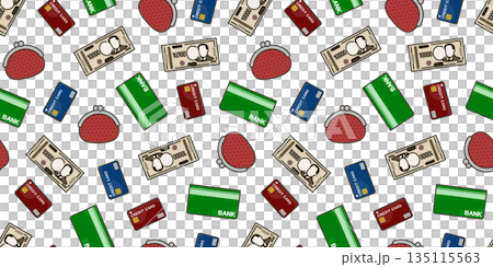 通帳とお金とクレジットカードと財布のシームレス背景画像。 通帳とお金とクレジットカードと財布のシームレス背景画像。 135115563