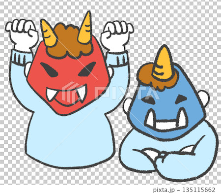 A man wearing a red and blue demon mask 135115662