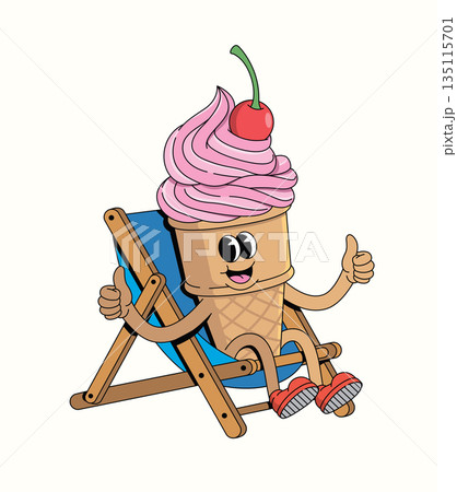 ice cream cone relaxing on chair groovy cartoon illustration 135115701