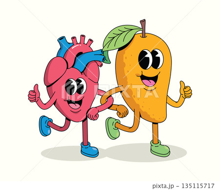 mango and heart groovy cartoon illustration mango and heart groovy cartoon illustration 135115717