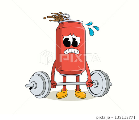 soda can hard weightlifting groovy cartoon illustration 135115771