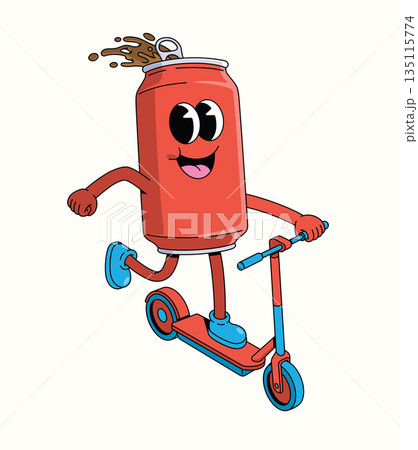 soda can kick scooter groovy cartoon illustration 135115774