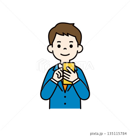 スマートフォンを操作・検索する、若いビジネスマンの上半身ベクターイラスト素材＿カラー 135115784