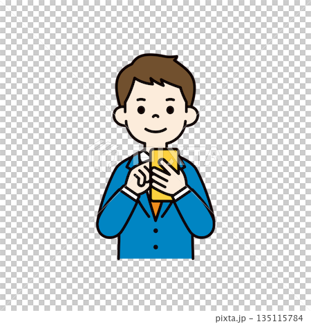 スマートフォンを操作・検索する、若いビジネスマンの上半身ベクターイラスト素材＿カラー 135115784