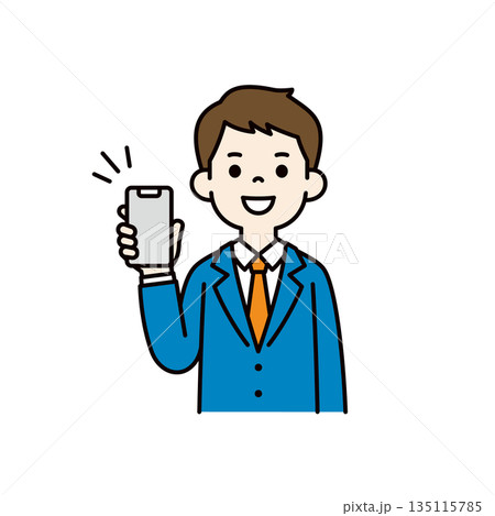 スマートフォンの画面を見せる、若いビジネスマンの上半身ベクターイラスト素材＿カラー 135115785