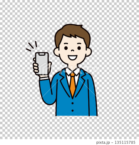スマートフォンの画面を見せる、若いビジネスマンの上半身ベクターイラスト素材＿カラー 135115785