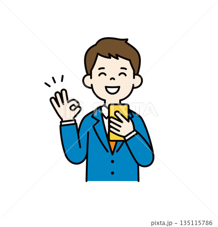 スマートフォンを持ってOKサインをする若いビジネスマンのベクターイラスト素材_カラー スマートフォンを持ってOKサインをする若いビジネスマンのベクターイラスト素材_カラー 135115786