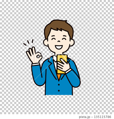 スマートフォンを持ってOKサインをする若いビジネスマンのベクターイラスト素材_カラー スマートフォンを持ってOKサインをする若いビジネスマンのベクターイラスト素材_カラー 135115786