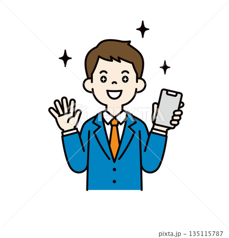 スマートフォンを持って笑顔で喜ぶ、若いビジネスマンの上半身ベクターイラスト素材＿カラー 135115787