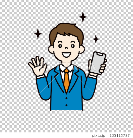 スマートフォンを持って笑顔で喜ぶ、若いビジネスマンの上半身ベクターイラスト素材＿カラー 135115787