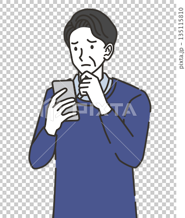 A middle-aged man worried while looking at his smartphone 135115810