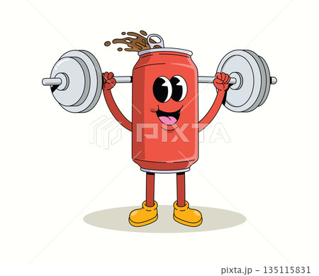 soda can weightlifting groovy cartoon illustration 135115831