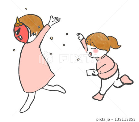 鬼に豆を投げる女の子と鬼の面をかぶった女性 135115855